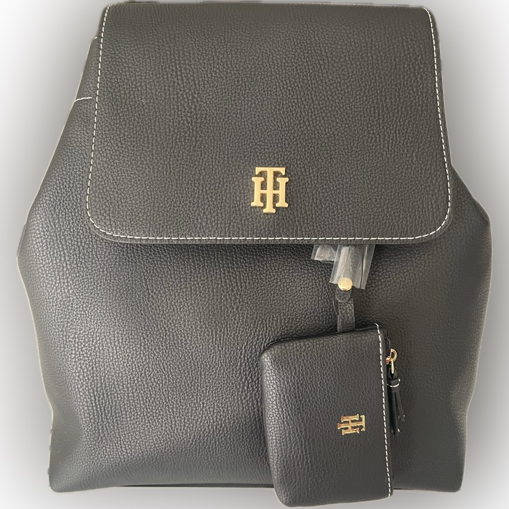 Tommy Hilfiger Black with White Stitching Flap Backpack with magnetic closure